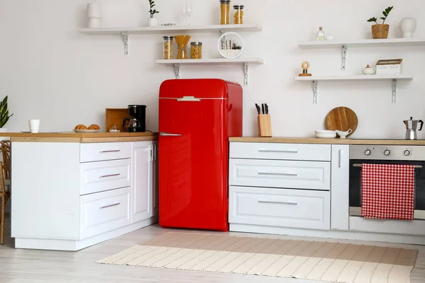 Interior Light Kitchen White Counters Red Fridge — Stock Photo, Image