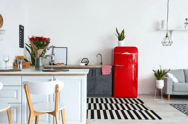 Interior Modern Kitchen Counters Red Fridge — Stock Photo, Image