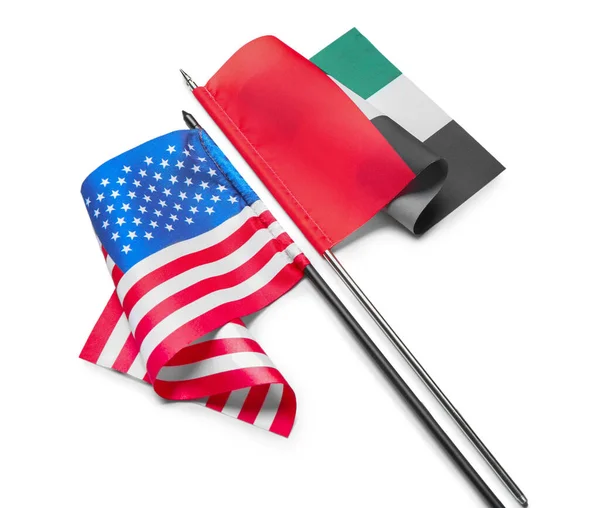 Banderas Nacionales Los Emiratos Árabes Unidos Estados Unidos Sobre Fondo —  Fotos de Stock