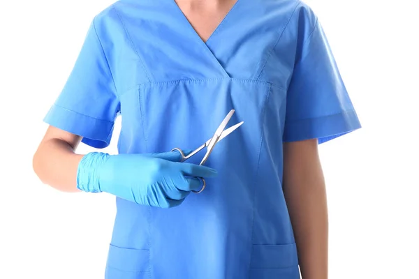Female Doctor Medical Scissors White Background — Stock Photo, Image