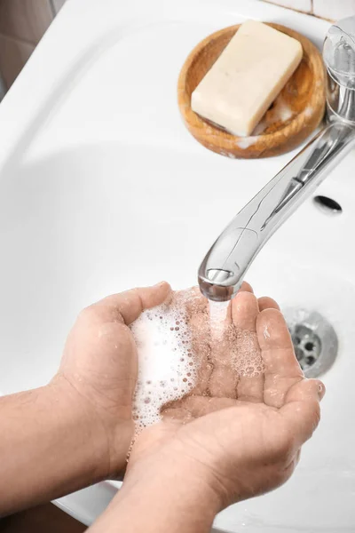 Man Washing His Hands Liquid Soap Sink Bathroom Closeup — Stock Photo, Image