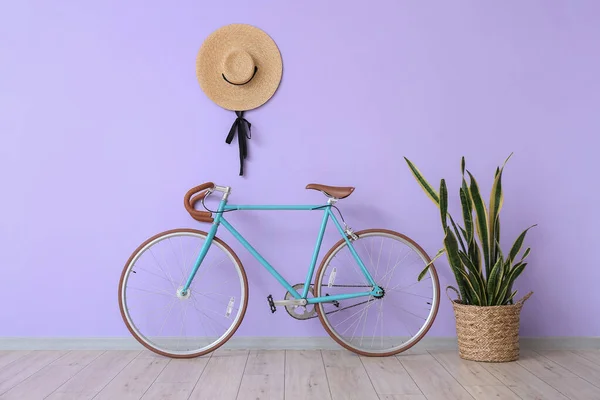 Bicycle Houseplant Wicker Hat Violet Wall Room — Stock Photo, Image