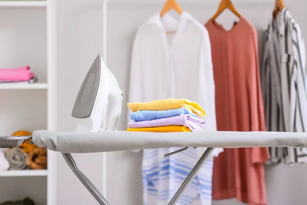 Modern Electric Iron Stack Clean Clothes Board Laundry Room — Stock Photo, Image