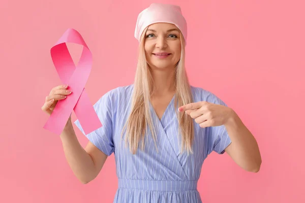 Woman Pink Headscarf Pointing Awareness Ribbon Color Background Breast Cancer — Stock Photo, Image