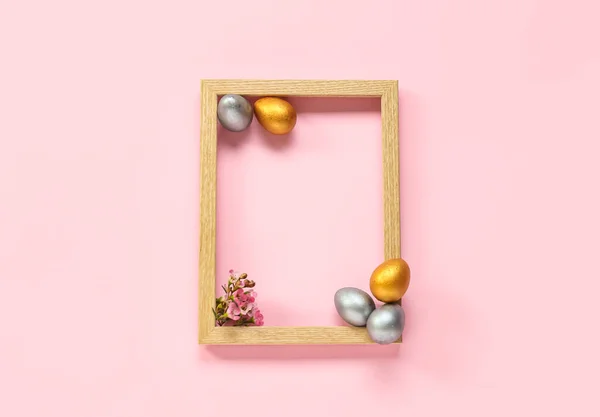 Beautiful Composition Frame Easter Eggs Flowers Pink Background — Stock Photo, Image