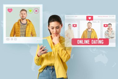 Randevu sitesi kullanan tablet bilgisayarı olan güzel genç bir kadın.