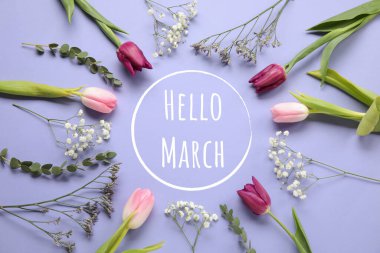 Beautiful flowers with text HELLO MARCH on color background clipart