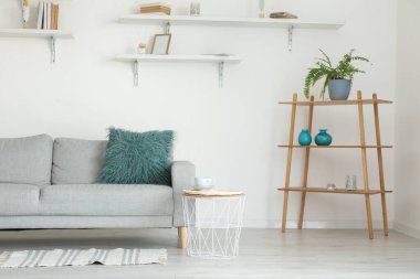 Modern oturma odasının içinde rafları olan şık gri bir kanepe.