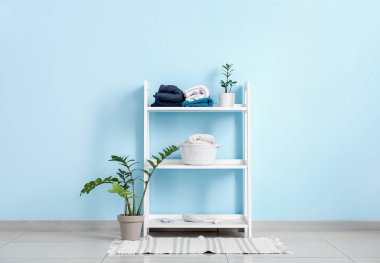 Mavi duvarın yanında örülmüş süveter ve ev bitkisi olan raf ünitesi.