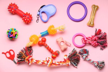 Pembe arka planda evcil hayvan bakım aksesuarları