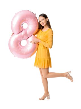 Beyaz arka planda balon şeklinde 8 figürlü güzel bir kadın. Uluslararası Kadınlar Günü kutlamaları