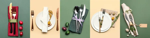 收集彩色背景下复活节庆祝活动的漂亮餐桌设置 — 图库照片