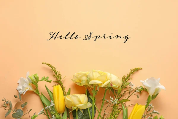 Beautiful Flowers Text Hello Spring Beige Background — Stock Photo, Image