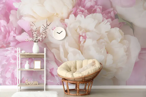 Stylish Interior Room Armchair Beautiful Peony Flowers Wall — Stock Photo, Image