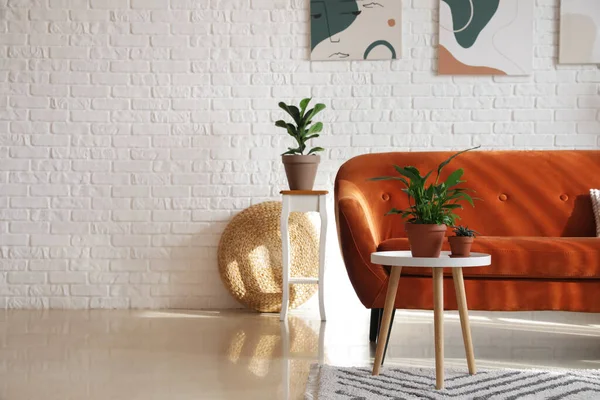 Modern Oturma Odasının Içinde Çiçekli Turuncu Kanepe — Stok fotoğraf