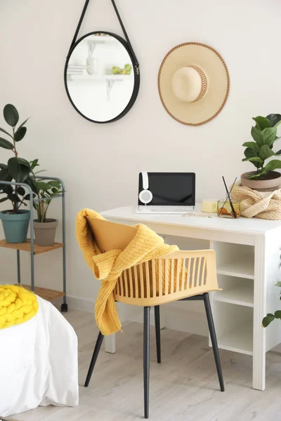 Stylish Interior Modern Bedroom Workplace Houseplants — Stock Photo, Image