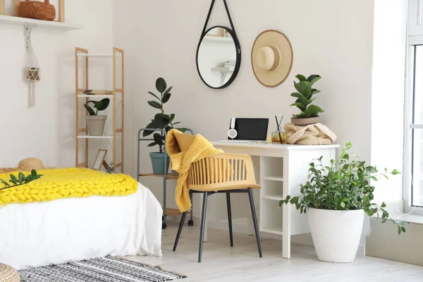 Stylish Interior Modern Bedroom Workplace Houseplants — Stock Photo, Image