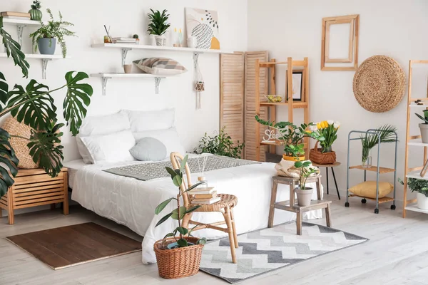 Elegante Interior Dormitorio Moderno Con Plantas Interior — Foto de Stock