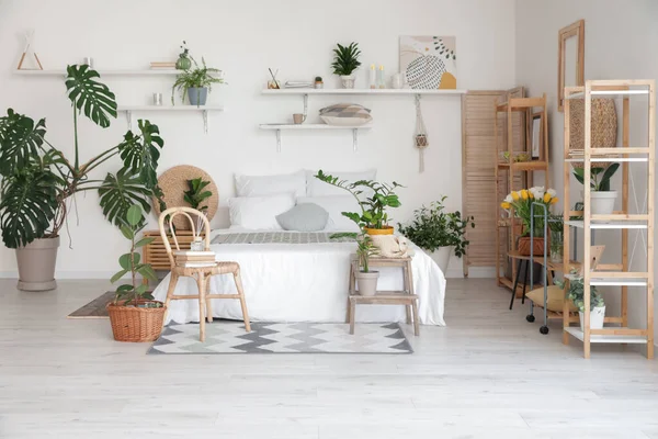 Elegante Interior Dormitorio Moderno Con Plantas Interior — Foto de Stock