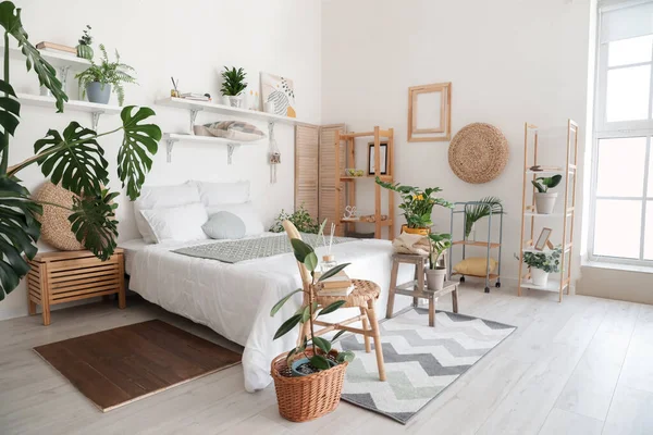 Elegante Interior Dormitorio Moderno Con Plantas Interior — Foto de Stock