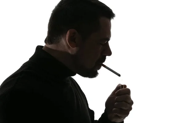 Silhouette Homme Fumeur Sur Fond Blanc — Photo