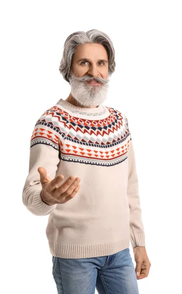 Handsome Senior Man Knitted Sweater White Background — Stock Photo, Image