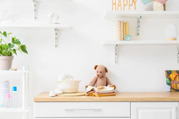 Baby Clothes Shoes Toys Chest Drawers Children Room — Stock Photo, Image