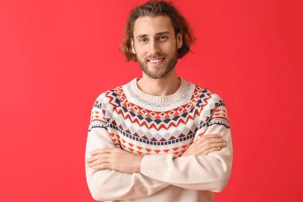 Handsome Young Man Knitted Sweater Color Background — Stock Photo, Image