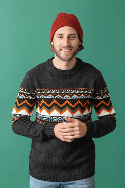 Handsome Young Man Knitted Sweater Color Background — Stock Photo, Image