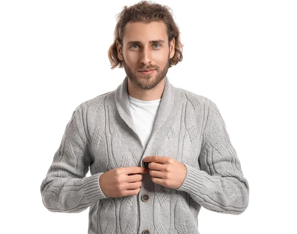 Handsome Young Man Knitted Sweater White Background — Stock Photo, Image