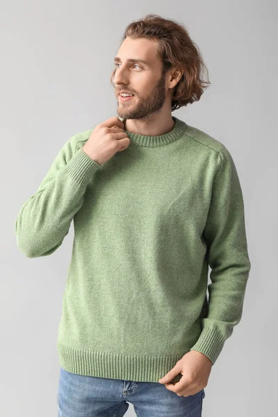 Handsome Young Man Knitted Sweater Grey Background — Stock Photo, Image