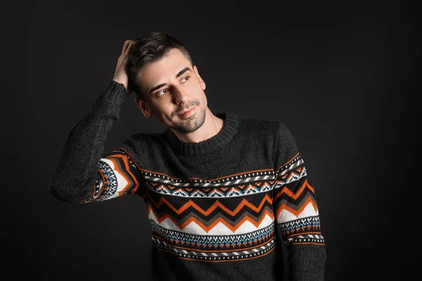 Handsome Young Man Knitted Sweater Dark Background — Stock Photo, Image