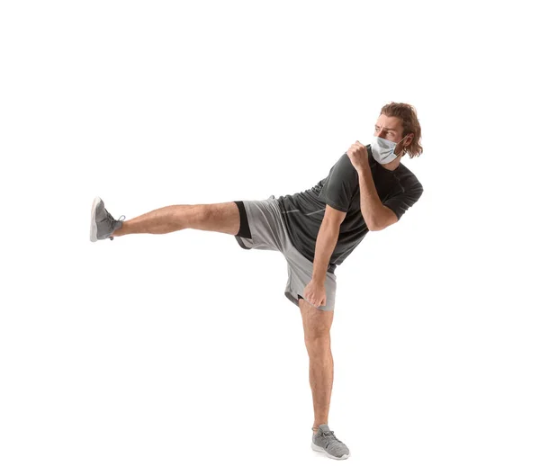 Male Kickboxer Medical Mask White Background — Stock Photo, Image