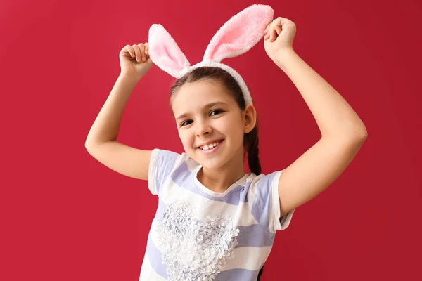 Funny Little Girl Bunny Ears Red Background Easter Celebration — Stock Photo, Image
