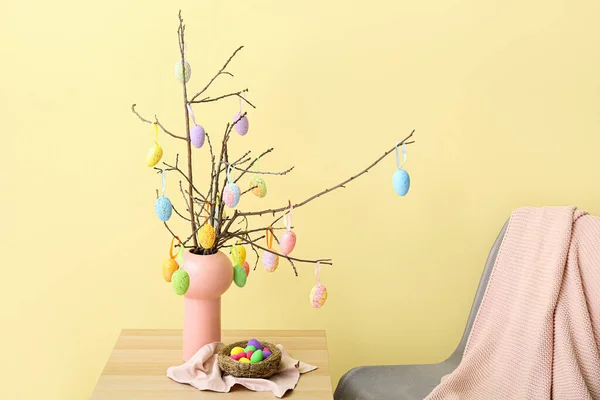Vase Tree Branches Different Easter Eggs Table Armchair Color Wall — Stock Photo, Image