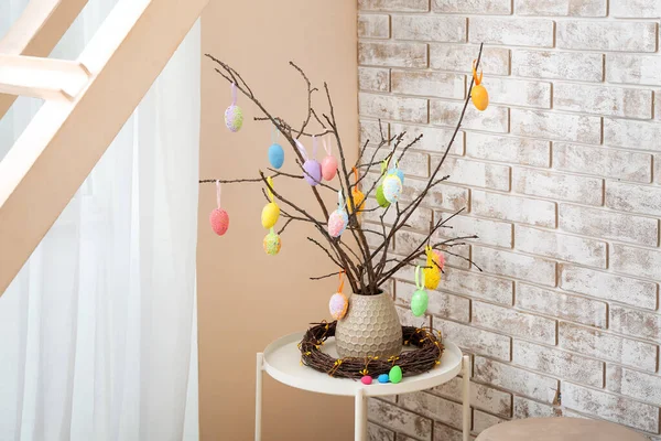 Vase Tree Branches Easter Eggs Table Light Brick Wall — Stock Photo, Image