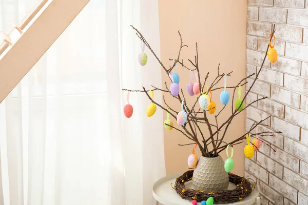 Vase Tree Branches Different Easter Eggs Table Light Brick Wall — Stock Photo, Image