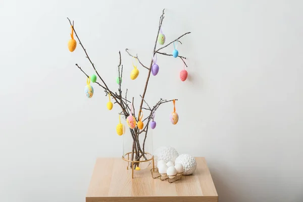 Tree Branches Different Easter Eggs Stylish Decor Wooden Table — Stock Photo, Image