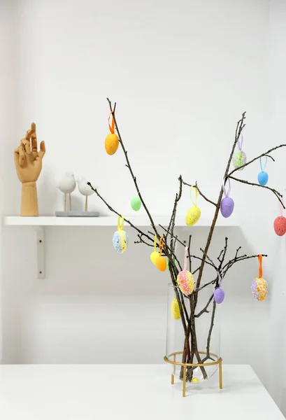 Vase Tree Branches Different Easter Eggs Table Light Room — Stock Photo, Image