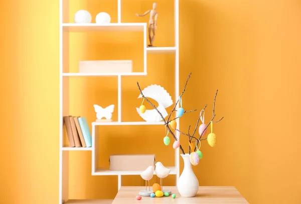 Vase Tree Branches Different Easter Eggs Table Room Interior — Stock Photo, Image