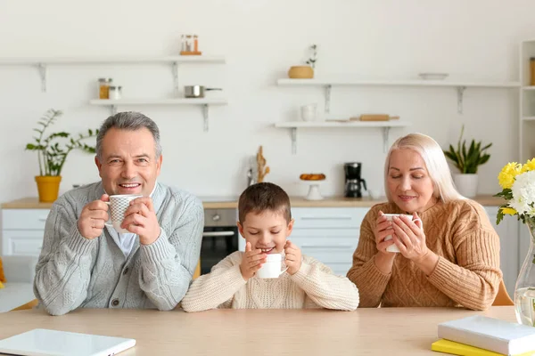스웨터를 조부모와 집에서 코코아를 마시고 — 스톡 사진