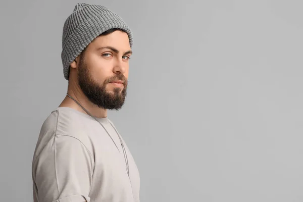 Stylish Cool Bearded Man Grey Background — Stock Photo, Image