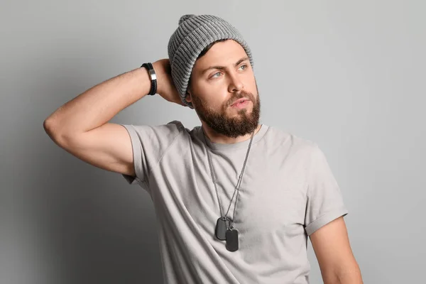 Stylish Cool Bearded Man Grey Background — Stock Photo, Image