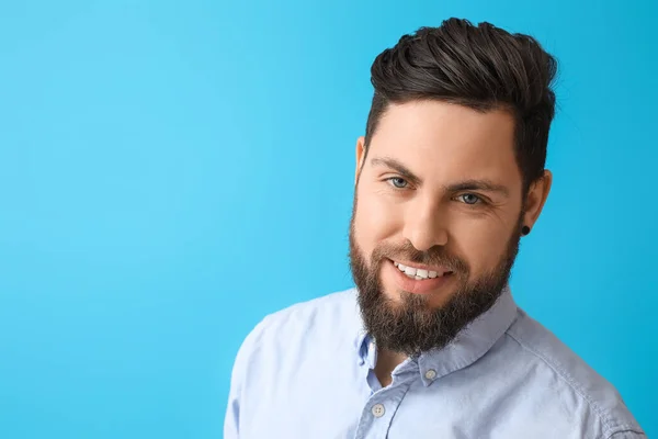 Stylish Bearded Man Blue Background — Stock Photo, Image