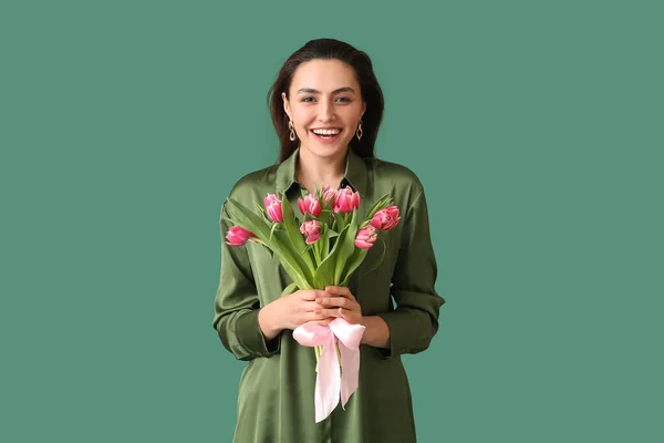 Happy Young Woman Bouquet Tulips Green Background International Women Day — Stock Photo, Image