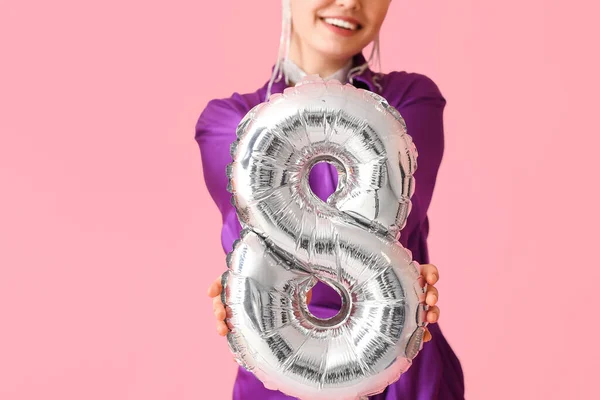 Stylish Young Woman Balloon Shape Figure Pink Background International Women — Stock Photo, Image