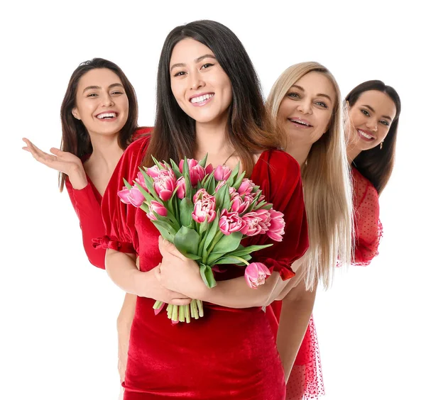Piękne Kobiety Bukietem Kwiatów Białym Tle Międzynarodowy Dzień Kobiet — Zdjęcie stockowe