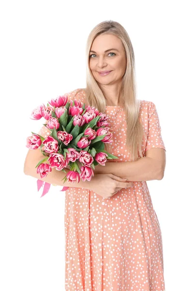 Vacker Kvinna Med Bukett Blommor Vit Bakgrund Internationella Kvinnodagen Firas — Stockfoto