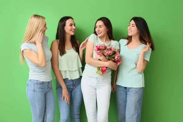 Beautiful Women Flowers Green Background International Women Day Celebration — Stock Photo, Image