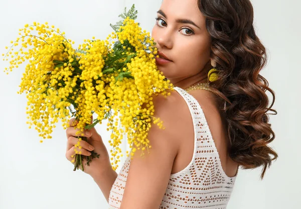 Beautiful Young Woman Mimosa Flowers White Background — Stock Photo, Image